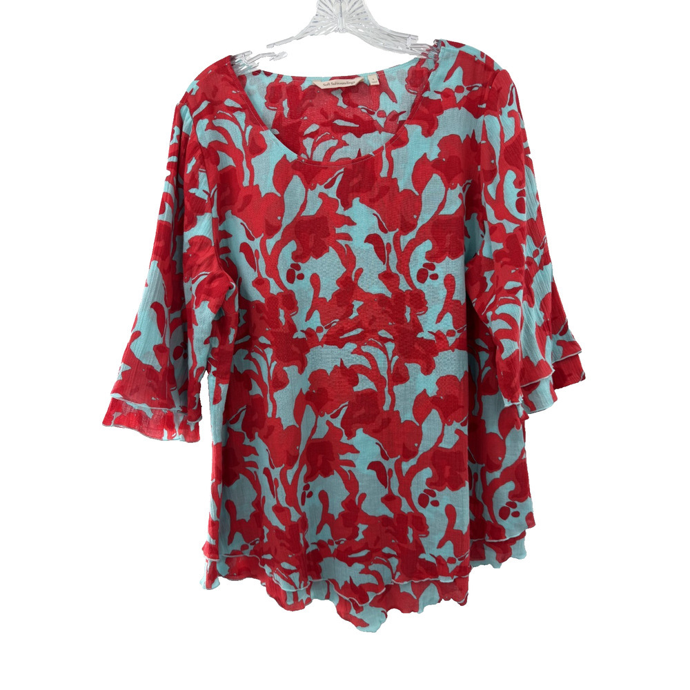 Soft Surroundings Red & Blue Cotton Scoop Neck Tunic Blouse Floral Size L